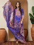 Janasya Women's Purple Cotton Blend Floral Printed Straight Kurta Set
